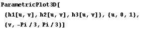 ParametricPlot3D[{h1[u, v], h2[u, v], h3[u, v]}, {u, 0, 1}, {v, -Pi/3, Pi/3}]