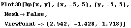 Plot3D[hp[x, y], {x, -5, 5}, {y, -5, 5}, MeshFalse, ViewPoint-> {2.542, -1.428, 1.718}]