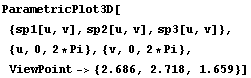 ParametricPlot3D[{sp1[u, v], sp2[u, v], sp3[u, v]}, {u, 0, 2 * Pi}, {v, 0, 2 * Pi}, ViewPoint-> {2.686, 2.718, 1.659}]